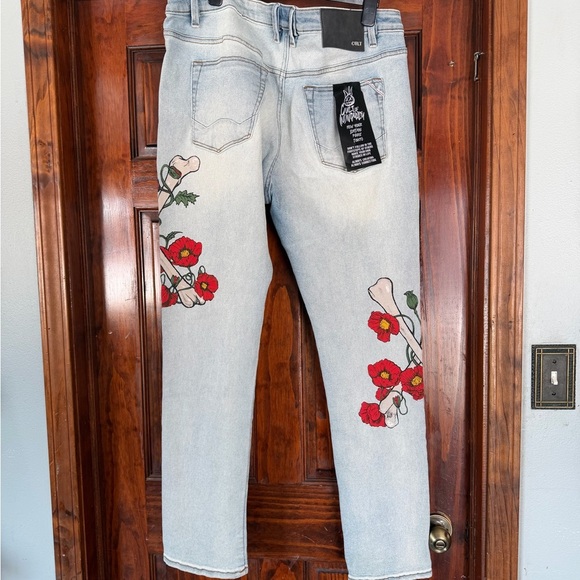 Cult of Individuality Light Blue Jeans with Red Floral Design - Picture 4 of 5